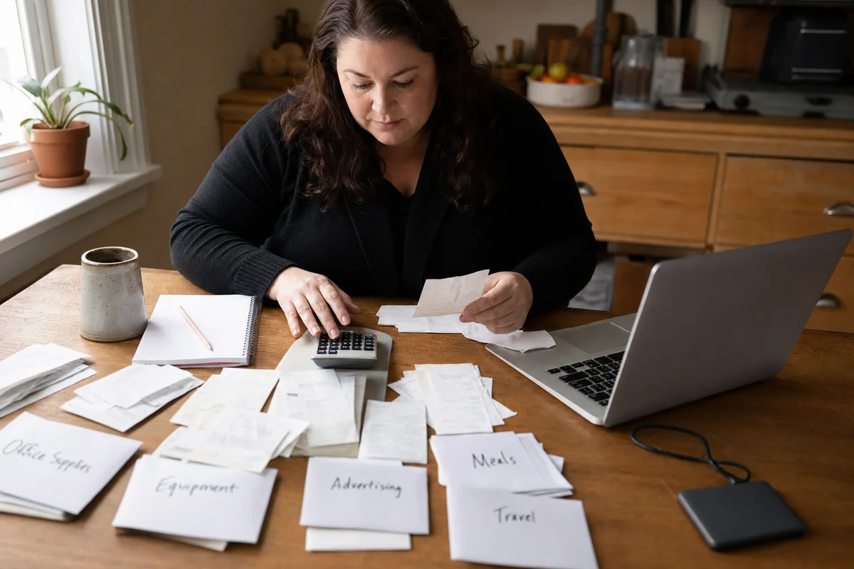 A self-employed creator sorts receipts into expense categories beside a calculator and laptop