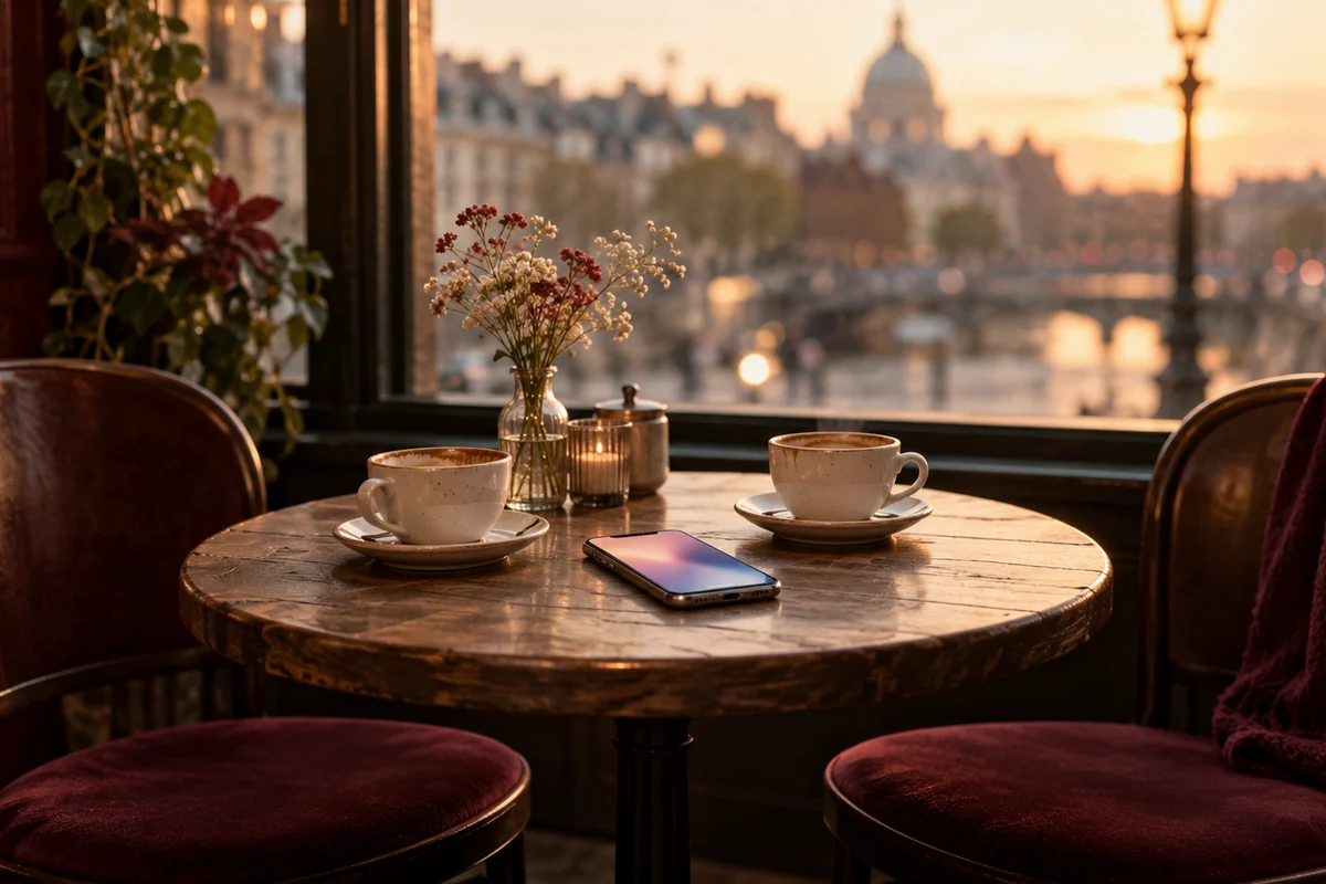A phone and two coffee cups on a cafe table between empty chairs