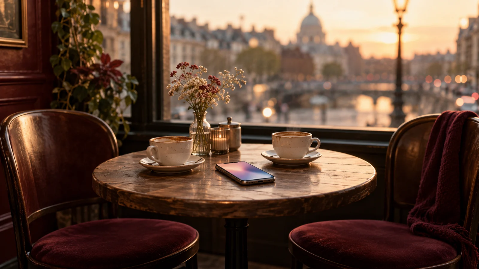 A phone and two coffee cups on a cafe table between empty chairs