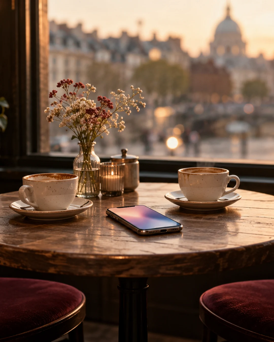 A phone and two coffee cups on a cafe table between empty chairs
