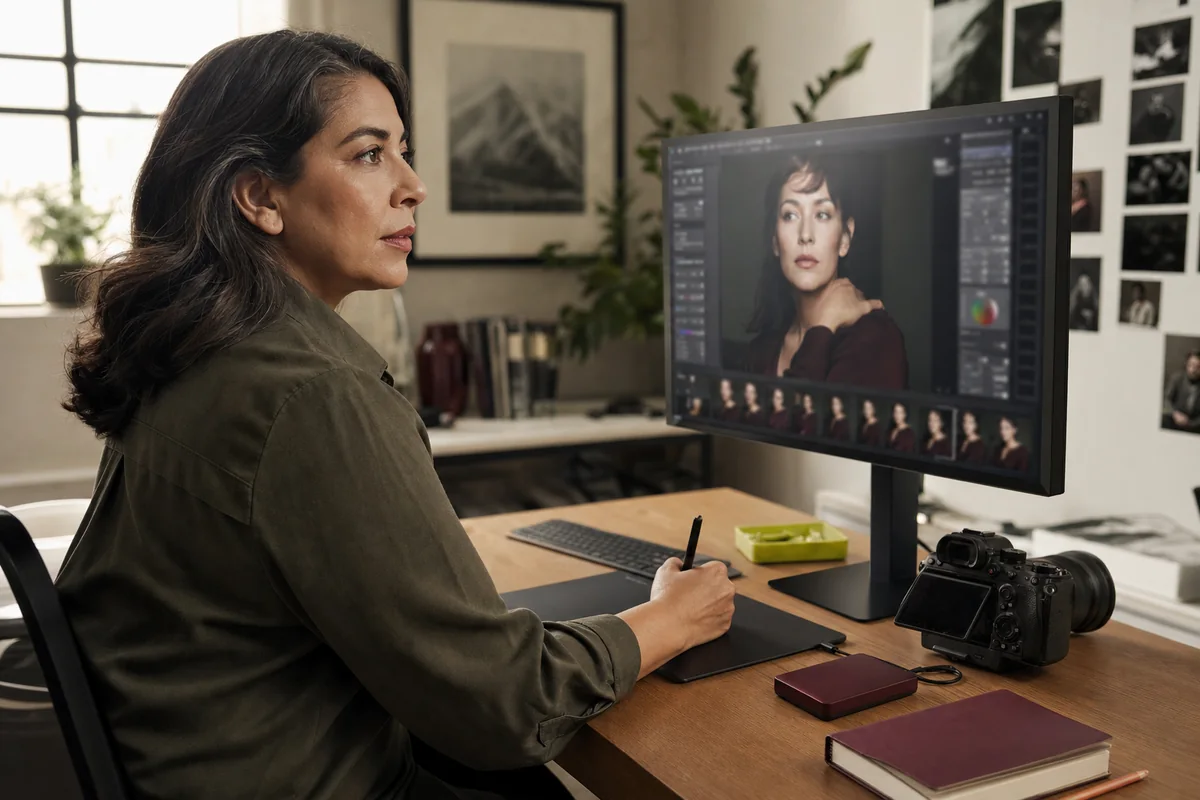 A photographer reviews a portrait on a large editing display in a private studio