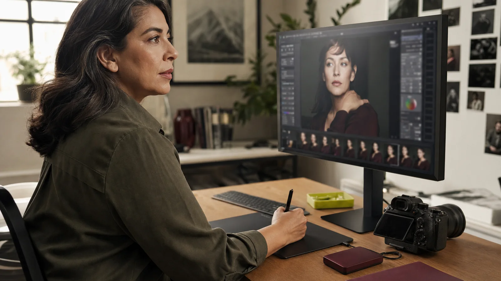 A photographer reviews a portrait on a large editing display in a private studio