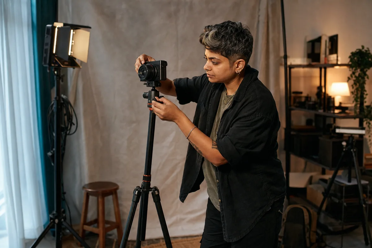 A solo creator adjusts a compact camera on a tripod in a small home studio