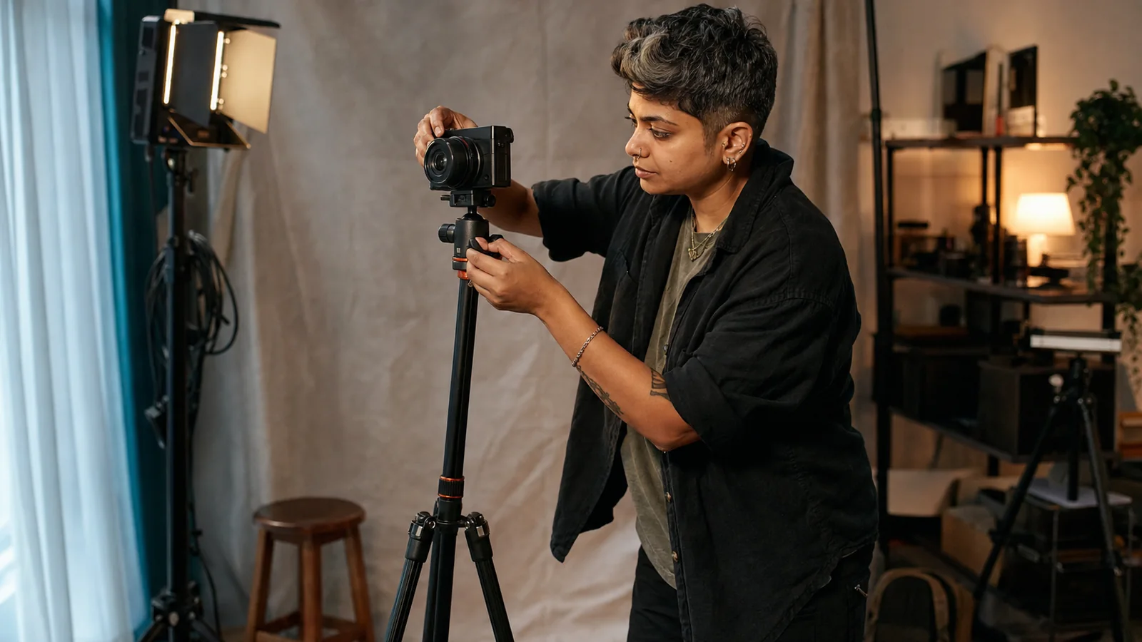 A solo creator adjusts a compact camera on a tripod in a small home studio