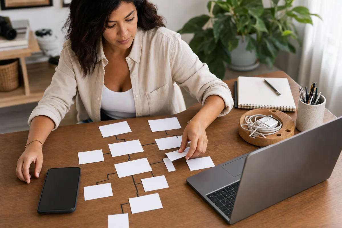 A creator maps a network of blank destination cards beside a laptop and phone