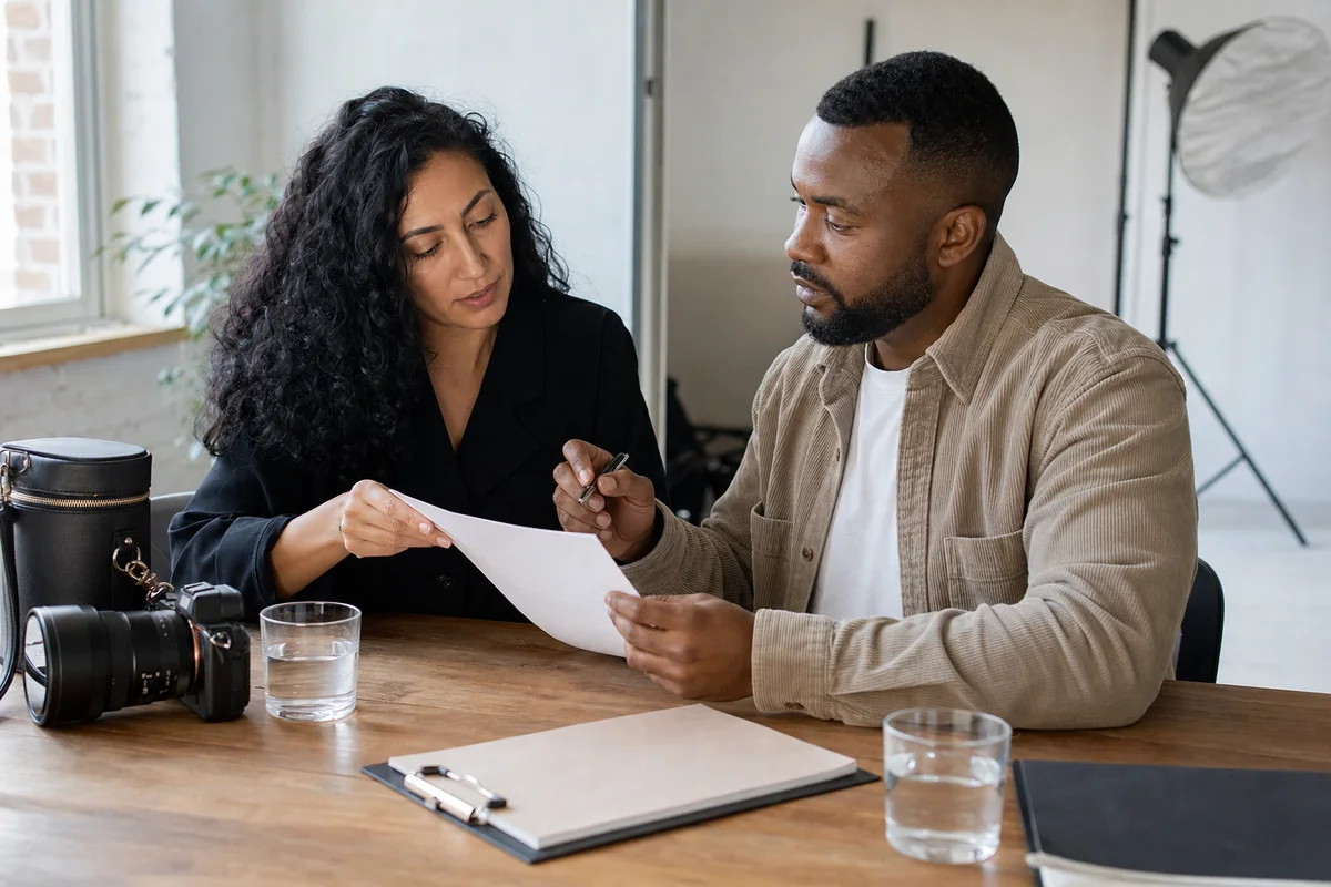 A photographer and model review a written release together before a studio session