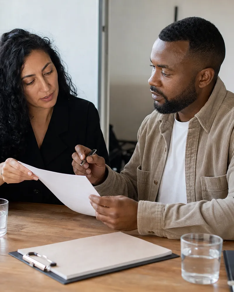 A photographer and model review a written release together before a studio session