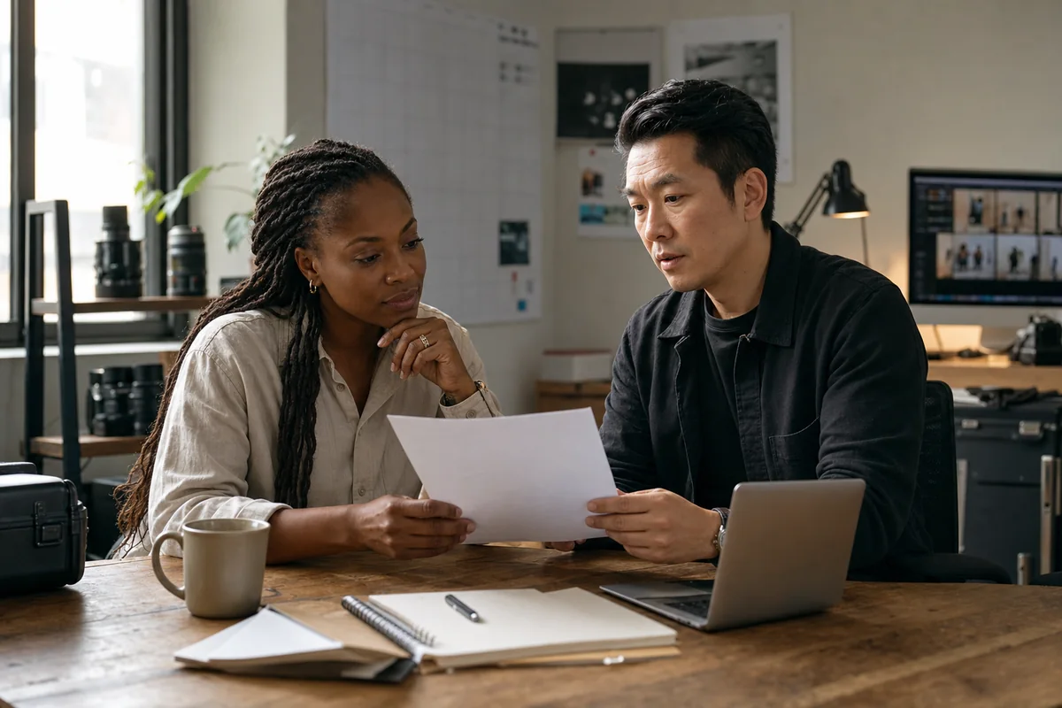 A creator and a management professional review a contract together in a photography studio