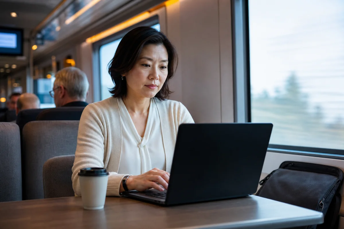 A traveler works on a laptop whose display appears dark from the side inside a train lounge