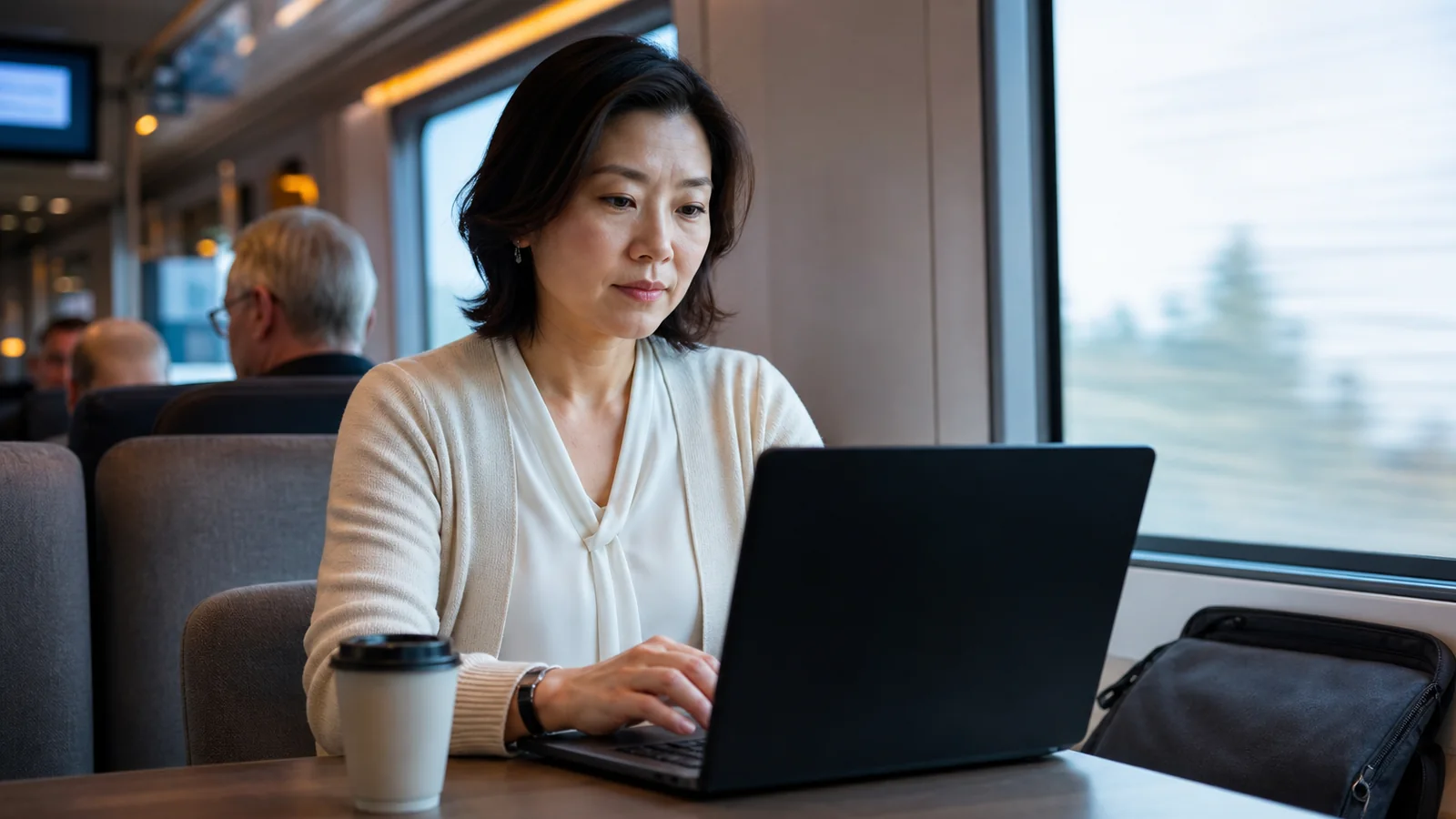 A traveler works on a laptop whose display appears dark from the side inside a train lounge