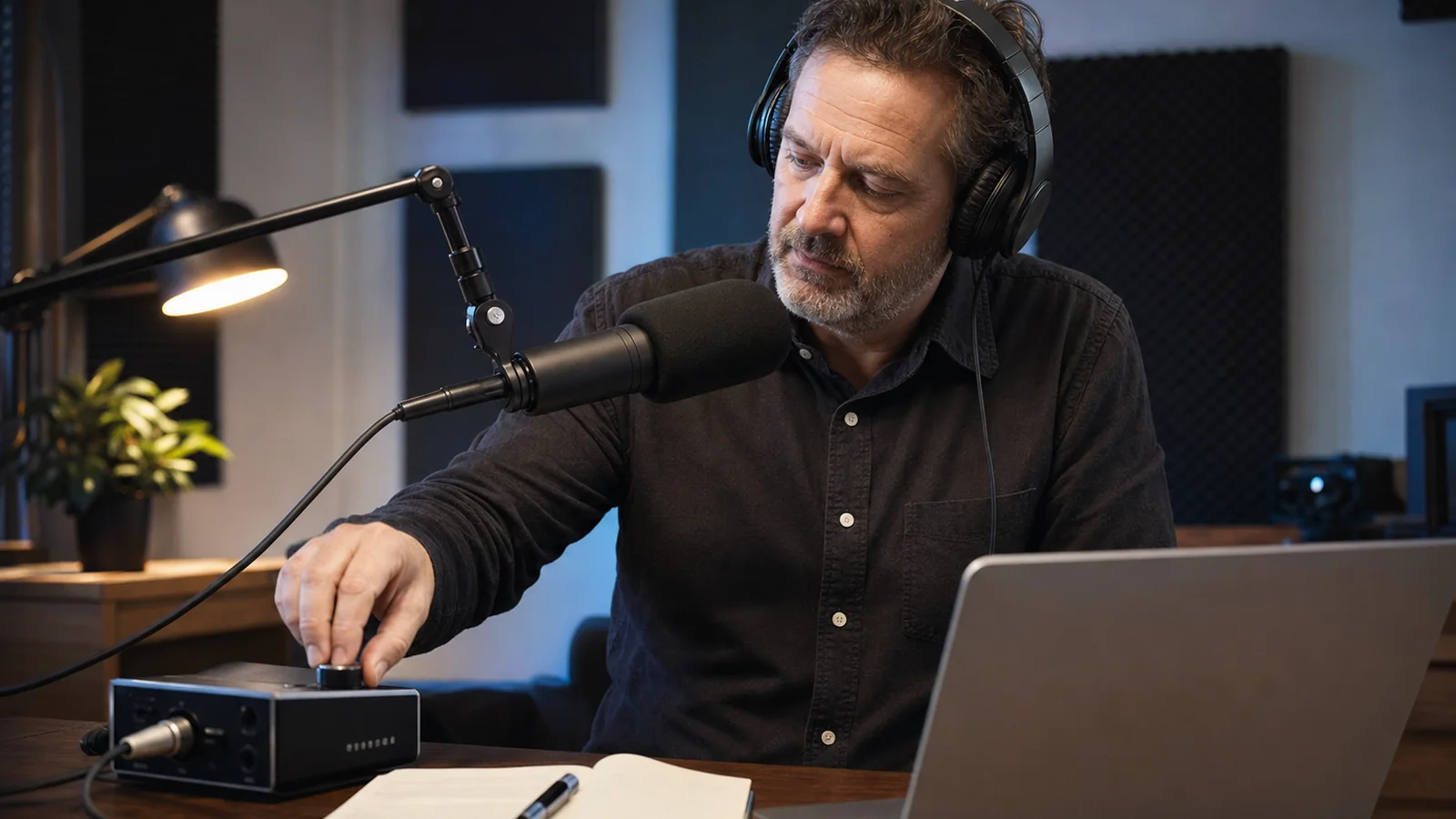 A creator wearing headphones adjusts an audio interface beside a broadcast microphone