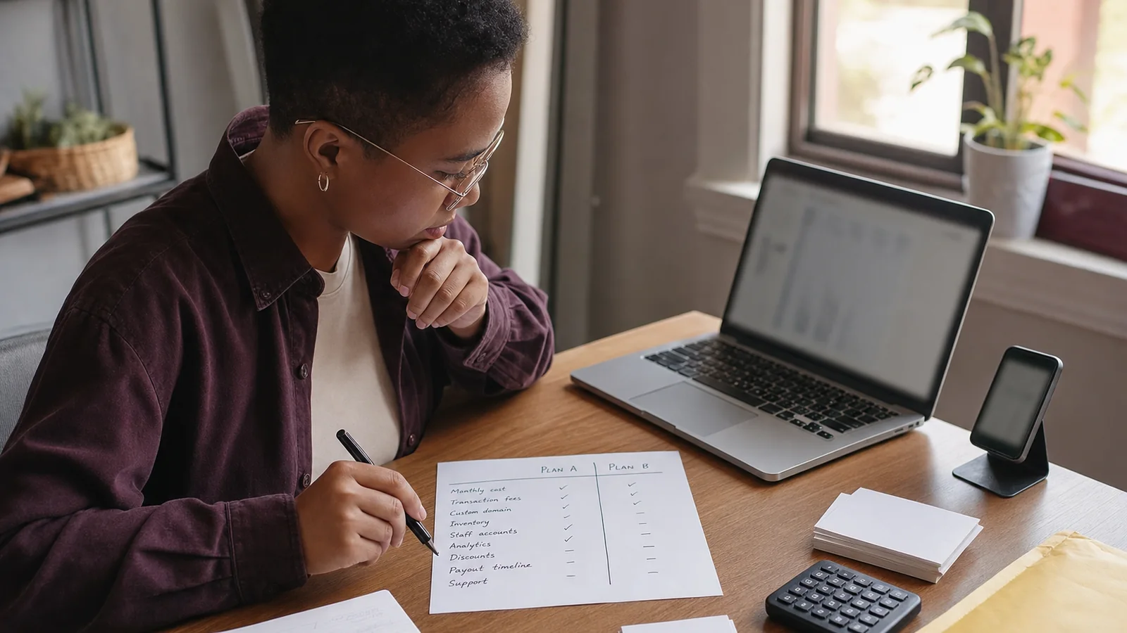 A creator compares two storefront plans on paper beside a laptop and calculator